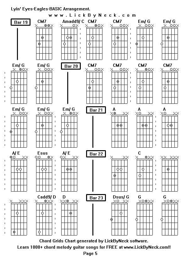 Chord Grids Chart of chord melody fingerstyle guitar song-Lyin' Eyes-Eagles-BASIC Arrangement,generated by LickByNeck software.